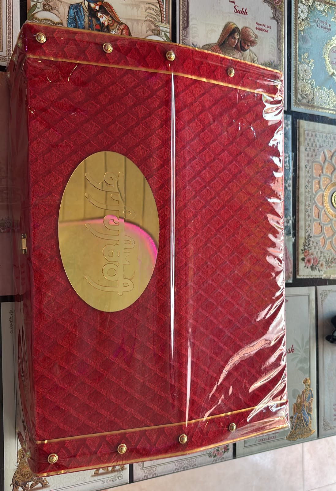 Back of red wedding gift box